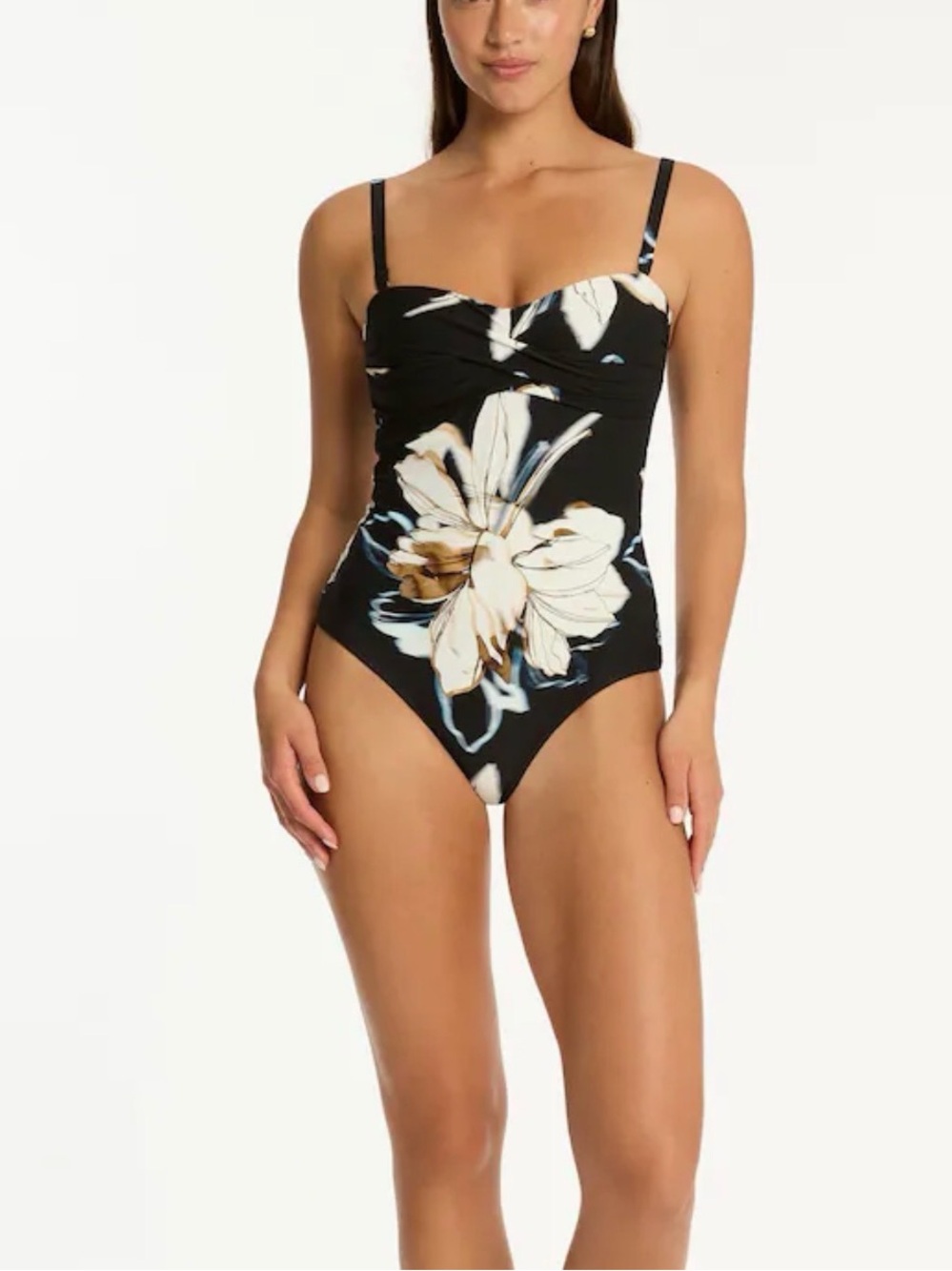 Black Floral One-Piece Swimsuit with Cream and Tan Blooms